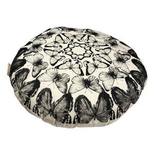 New Boho Decorative Round Throw Pillow Off-White Black Butterfly Print 15”D